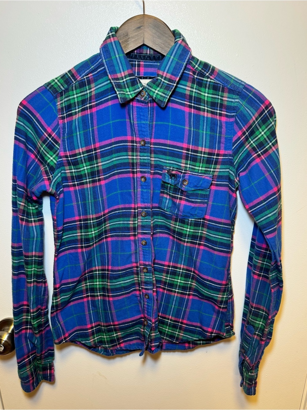Abercrombie & Fitch Blue Green Pink Plaid Button-Down Shirt 100% Cotton Size S